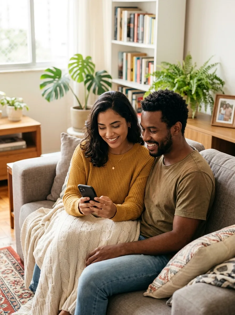 Casal no sofá lendo informações no celular