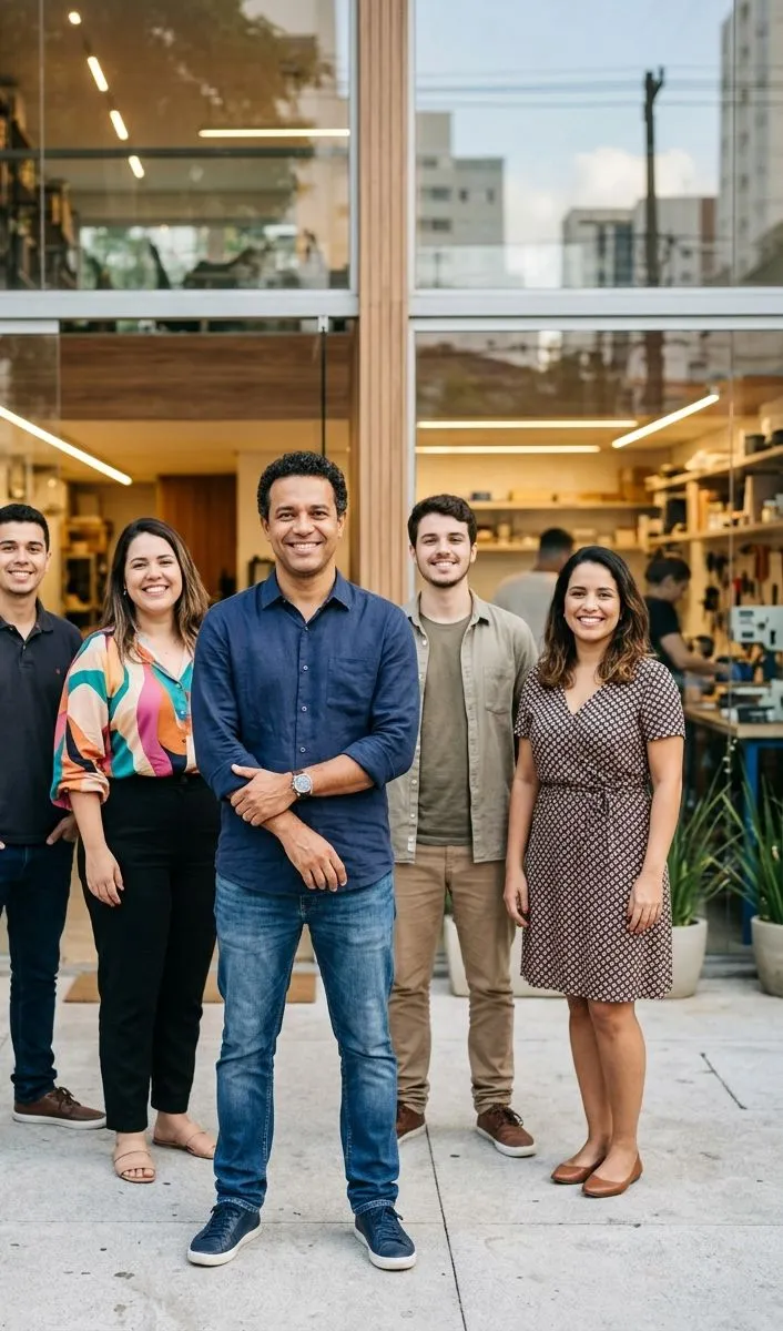 Dono de pequena empresa com sua equipe em frente ao escritório